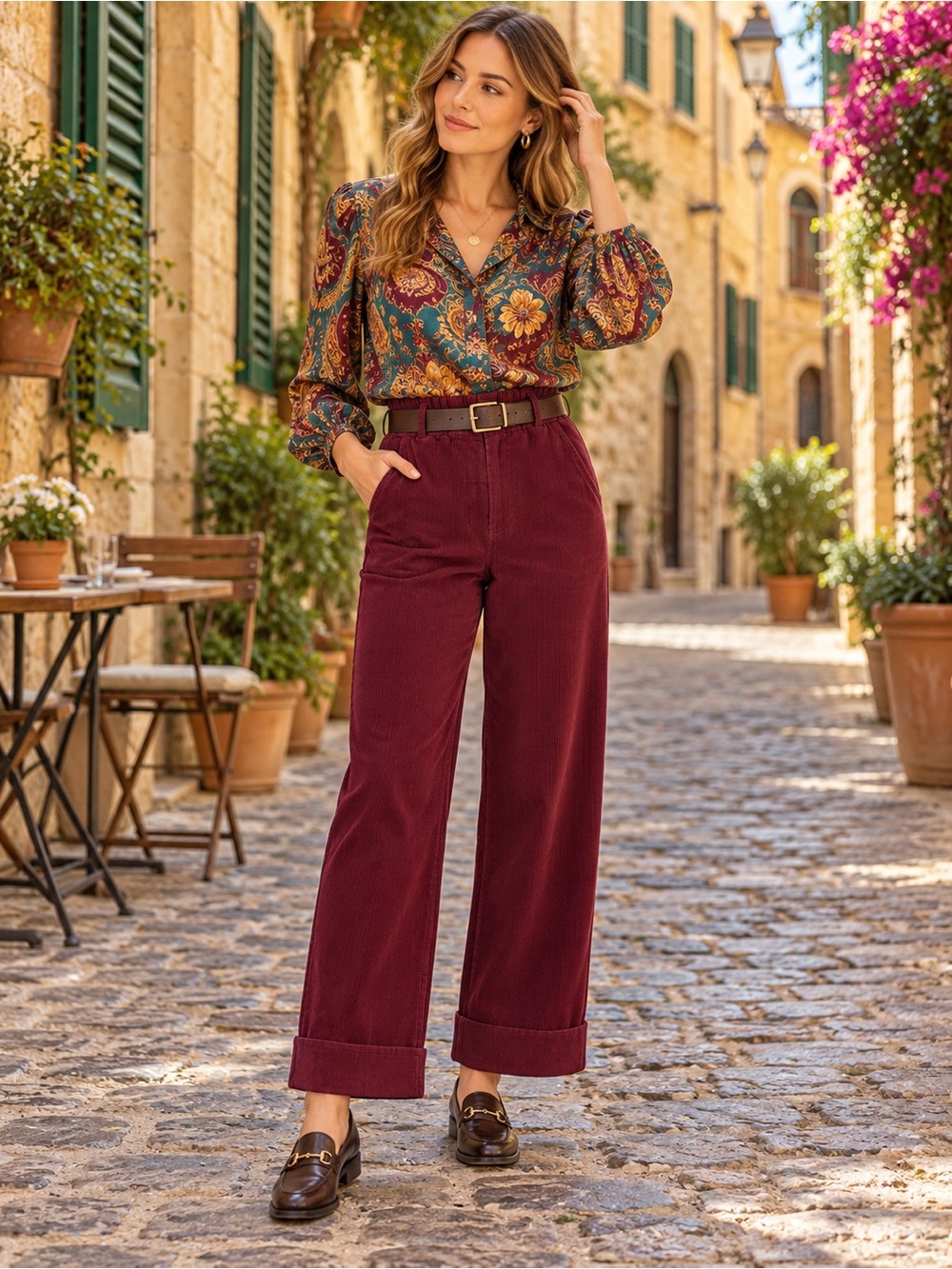 Made in Italy 🇮🇹Wide-Leg Burgundy Fine Corduroy Pants- Women’s